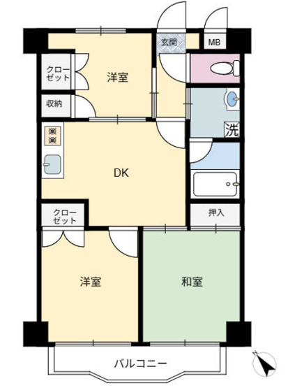 【間取り】 | スカイハイツ橋本 | 3DKは、ダイニングキッチンと3つの居室がある間取りです。ファミリー層や、個室を複数必要とするご家庭に適しています。食事スペースとくつろぎの場を分け、それぞれの個室も確保できるため、快適に過ごせます。