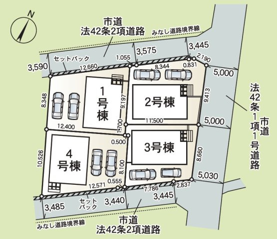 クレイドルガーデン糸満市座波 第２・２号棟の区画図|接道：北側3.4～3.5ｍ公道、東側5.0ｍ公道、南側3.4ｍ公道