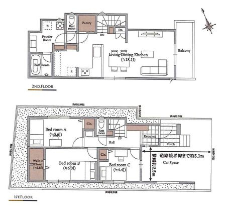 【土地図＋建物プラン例】 | 板橋区高島平５丁目　建築条件付売地　２区画 | 3LDK・建物面積94.39ｍ2・建物参考価格1880万