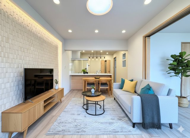 戸塚サニーフラットの居間・リビング|◆家族で食卓を囲むダイニングスペースと、ソファでゆったりくつろぐリビングスペースがしっかり区切られているので家具の配置や用途を使いわけしやすいです。
