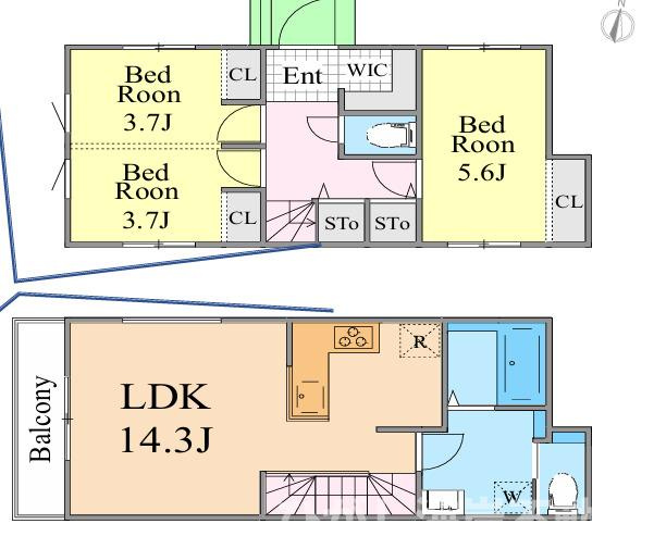 藤沢市片瀬２丁目　新築戸建　全２棟の間取り|西向き　２LDK