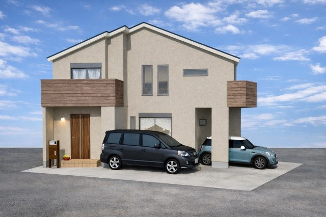 西京極東大丸町　新築参考Aプランの外観パース|【外観イメージパース：新築参考Aプラン】
建物の雰囲気をイメージしやすい外観パース図です。自由設計の為、外観デザインなどお客様のお好みに変更が可能です！