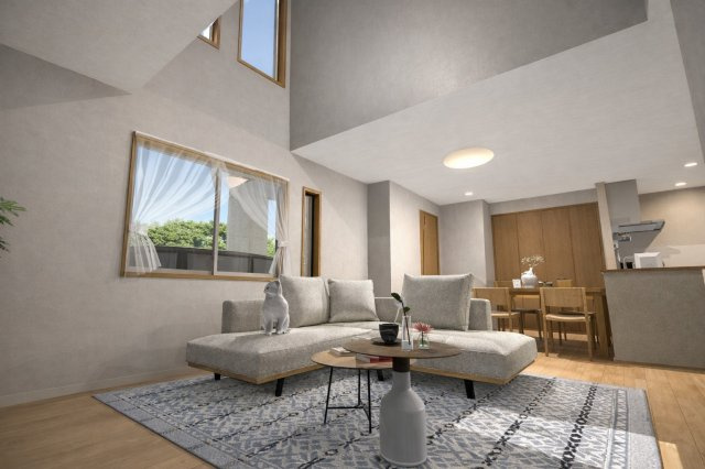 西京極東大丸町　新築参考Aプランの完成予想図|【LDKイメージパース：新築参考Aプラン】
吹抜をつくることで、縦にも空間が広がり、お部屋に開放感をもたらす効果がございます。（新築参考Aプラン99.63㎡、建物価格1998万円）