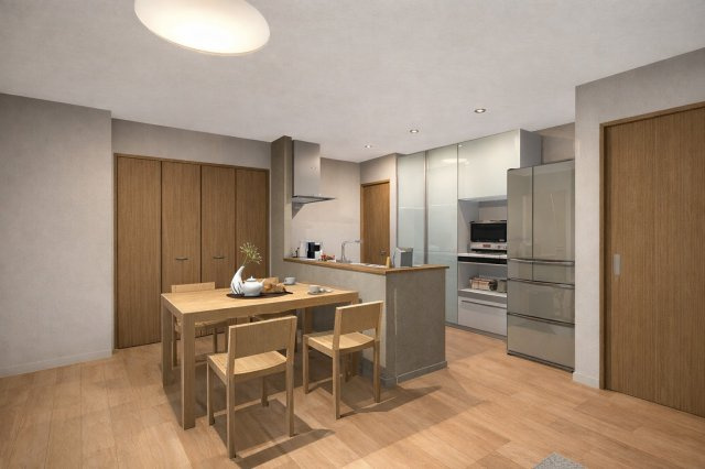 西京極東大丸町　新築参考Aプランの完成予想図|【LDKイメージパース：新築参考Aプラン】リビング側・キッチン側の双方からお互いの姿が見え、お料理中もお子様の様子を見守れます♪（新築参考Aプラン99.63㎡、建物価格1998万円）