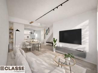 【完成予想図】 | 宇治市木幡平尾　新築戸建 | 白・グレー・ブラックを基調に、木目をアクセントとして配置。
アールの効いた家具がやさしさを添える、落ち着きのある上質なインテリアです。