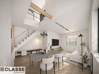 【完成予想図】 | 宇治市木幡平尾　新築戸建 | アイアン手すり越しに視線が抜け、吹抜けを通して家族の気配を感じられる設計。
別々に過ごしていても安心です。