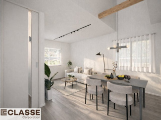 【完成予想図】 | 宇治市木幡平尾　新築戸建 | 吹抜けからやわらかな光が差し込み、昼間は照明いらず。
家族が自然と集まり、心地よい時間を共有できるLDKです。