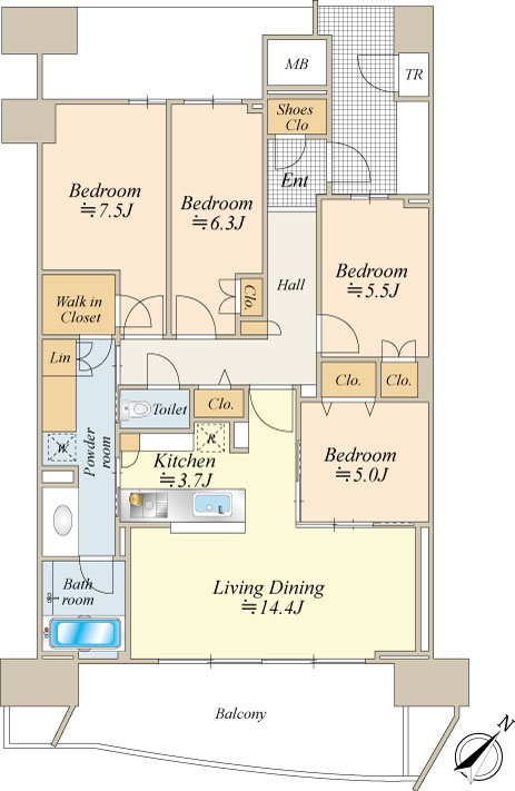 【圧巻の収納力と専有面積】100㎡超のゆとりある空間に、WIC、SIC、廊下物入、そして0.80㎡のトランクルームを配置。荷物をスッキリ収めて、運河を望む美しい景色と広々とした住空間を堪能できます。