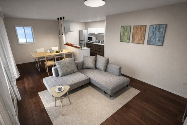 西京極東大丸町　新築参考Cプランの完成予想図|【リビングイメージパース：新築参考Cプラン】
奥行きあるリビングは、ソファーやテーブルなど十分に置くゆとりがございます。（新築参考Cプラン93.32㎡、建物価格1798万円）