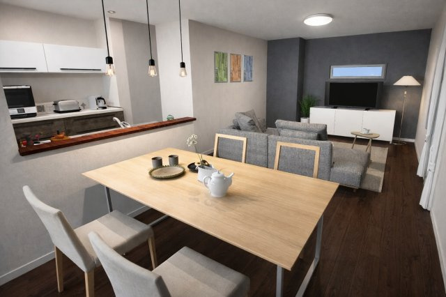 西京極東大丸町　新築参考Cプランの完成予想図|【リビングイメージパース：新築参考Cプラン】
リビング側・キッチン側の双方からお互いの姿が見え、お料理中もお子様の様子を見守れます♪（新築参考Cプラン93.32㎡、建物価格1798万円）