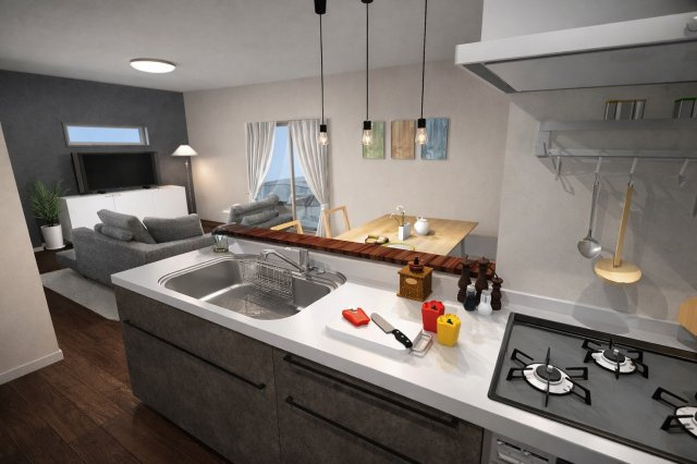 西京極東大丸町　新築参考Cプランの完成予想図|【リビングイメージパース：新築参考Cプラン】
正面に遮りがなく、料理中も家族の気配を感じられる対面キッチン♪（新築参考Cプラン93.32㎡、建物価格1798万円）