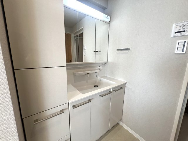 川崎と言えばカルナーザ。名前はライトなカルナーザ。重厚感のある建物はオモナーザ。【リノベ／カルナーザ川崎】の独立洗面台|独立洗面台、小物を置くことができて便利です