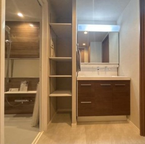 ダイヤパレスワンダースケープの独立洗面台|収納力のある三面鏡付き洗面台と横の収納スペースもうれしいですね。