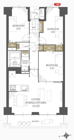 ライオンズガーデン久喜壱番館の間取り|【間取り】3LDK＋14.0帖LDK。5.5帖・4.9帖・4.6帖の3室で個室を確保。廊下収納＋各室CLで片付き、バルコニー面のLDKは採光も良好。家具配置がしやすい形です。