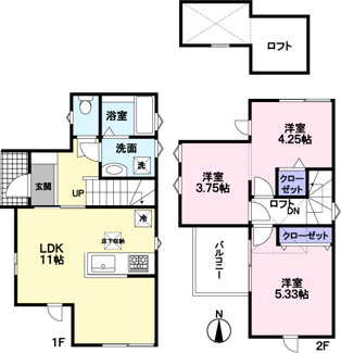 【間取り】 | 府中市若松町3丁目新築戸建 | 小物まですっきり片付くロフト付き。カースペースもあります(車種による)。