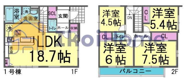 明石市日富美町1期　全7棟1号棟　新築戸建の間取り|【ホームページに現地動画掲載中】●年中無休：当日予約可●LDK約18.7帖で広々！2面採光で明るい！