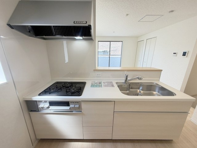 三郷市谷中　新築戸建　全1棟のキッチン|収納たっぷりなシステムキッチンでお料理も楽しめます