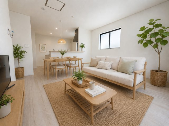 三郷市谷中　新築戸建　全1棟の居間・リビング|現況の物件写真にCGによる画像処理を行っています。家具、家電、小物、カーテン等はイメージはCGです。