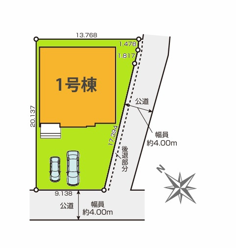 GRACE　ひたちなか市田彦　1期 　限定1棟！の区画図|開放的な角地、南側道路で日当たり良好！気になる他の物件と合わせての現地ご案内も可能です。HPから、またお電話でも、お気軽にお問い合わせください。

