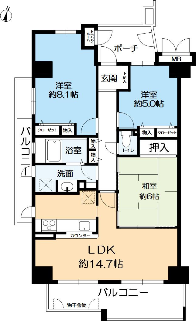 ハイエクセル芦屋南の間取り|３LDK　75.51㎡。
2025年３月に内装リフォームが完了しております。
