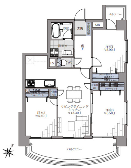 【間取り】 | ロイヤルマンション姪の浜Ⅱ | 全面リフォーム済みで気持ちよく新生活を始められます。角部屋2面バルコニー付きで陽当り通風良好です
