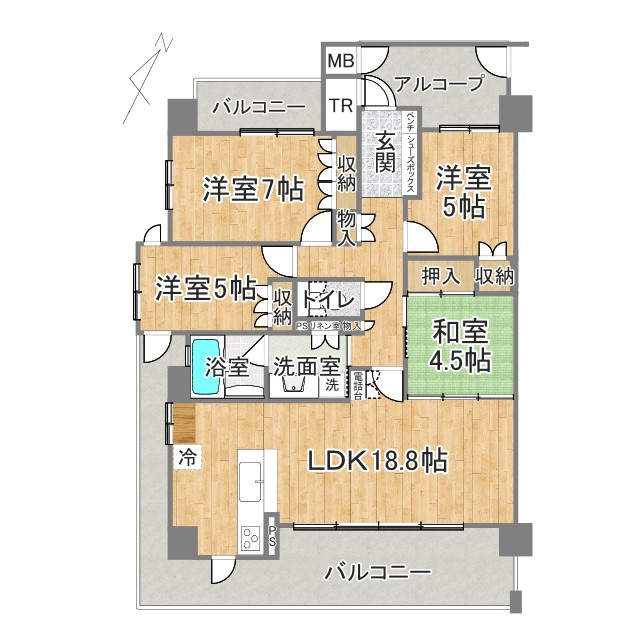 ユーハウス高蔵寺　春日井市気噴町五丁目の間取り|4LDK+トランクルーム。南間口は約8.55m。L型バルコニーにリビングとキッチンが面しています。