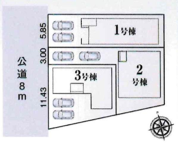 碧南市善明町1丁目　全3棟・1号棟の区画図