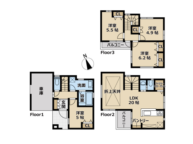 【間取り】 | 志木市幸町2丁目　中古一戸建住宅　(丸井志木店) | 大容量収納付き、20帖の開放感あるリビング