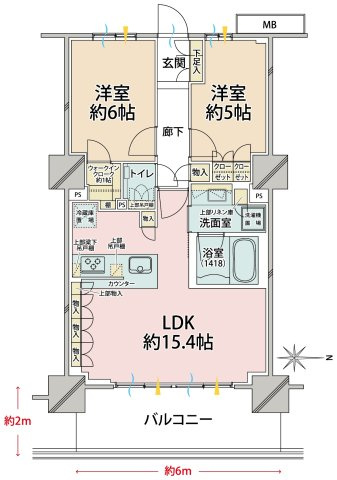 ■2LDK、専有面積：61.8平米、バルコニー面積：12平米