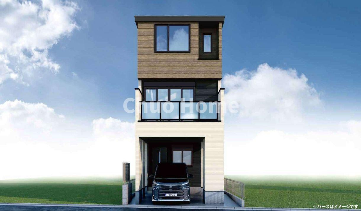 葛飾区東新小岩6丁目新築分譲住宅の完成予想図|【外観パース】太陽光発電システム設置物件です