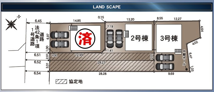 【本日ご案内可能♪】刈谷市今岡町　全3棟　の区画図|全体区画数｜全3棟
◆駐車並列2台可能！(但し、車種による)
◆前面道路幅員6m以上で車通りも少なく駐車も楽々です。
◎まずは、お気軽にお問い合わせください。現地を案内しながら周辺環境も見て頂けます。