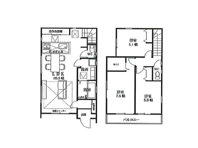【間取り】 | 川越市砂新田5丁目　新築一戸建住宅　全1棟　(ふじみ野店) | 2階建て3LDKプラン。フルフラットキッチン＆リビングイン階段採用でご家族の仲が深まる住まい。※図面を基に作成しています。現況と異なる場合は現況を優先いたします。