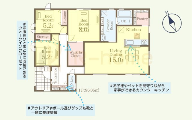 ひたちなか市八幡町2期　新築戸建て　1号棟の間取り|3LDK＋WIC＋パントリー、土地面積248.86ｍ2、建物面積96.05m2