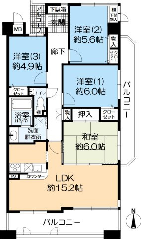 ファミール夙川宮西町の間取り|東南角住戸・二面バルコニー付・４LDK
