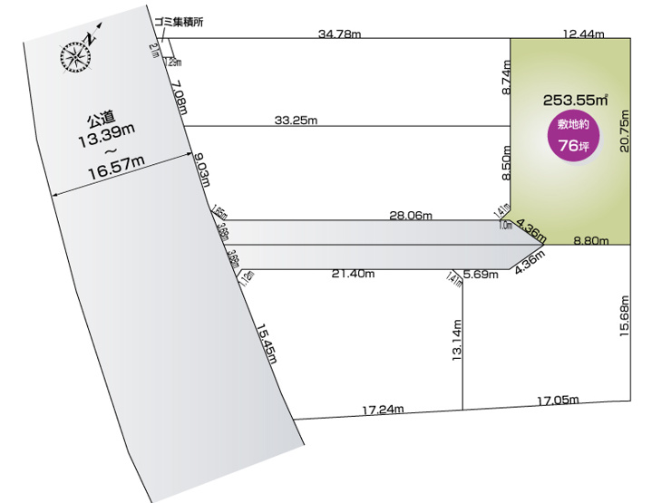 1号地　332.44㎡（100.56坪）※協定道路部分78.89㎡（23.86坪）