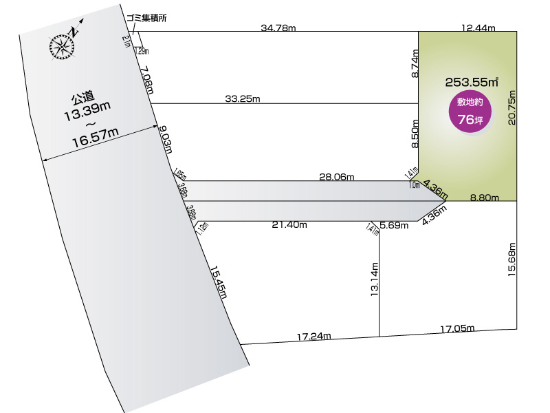 1号地　332.44㎡（100.56坪）※協定道路部分78.89㎡（23.86坪）