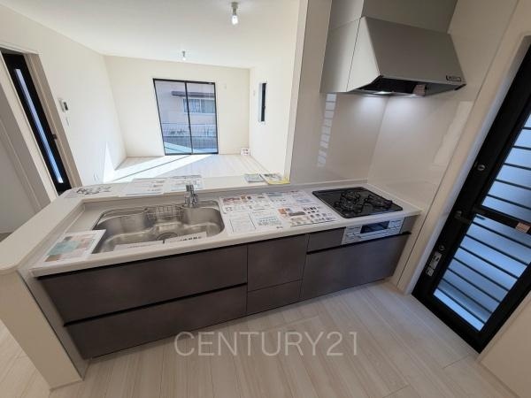 前橋市大利根町第7 2号棟のキッチン|シンクも大きく洗い物もしやすい浄水器付。シャワーヘッドは引き出し可能、シンクの隅々まで洗い流せます。