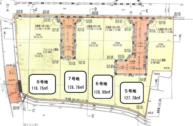 南国市大そね甲　建築条件なし　売土地　5号地（全9区画）の区画図|5号地　127.28㎡　（約38.5坪）