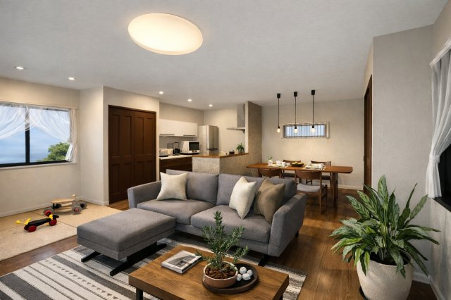 川島玉頭町　新築参考プランの完成予想図|【LDKイメージパース】
※本パース図はイメージの為、実際の仕上がりとは多少異なる場合がございます。（新築参考プラン102.47㎡、建物価格2018万円）