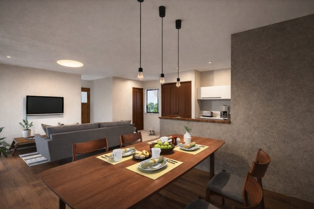 川島玉頭町　新築参考プランの完成予想図|【LDKイメージパース】
変化のある壁紙で奥行きと立体感が感じられます。※本パース図はイメージの為、実際の仕上がりとは多少異なる場合がございます。（新築参考プラン102.47㎡、建物価格2018万円）