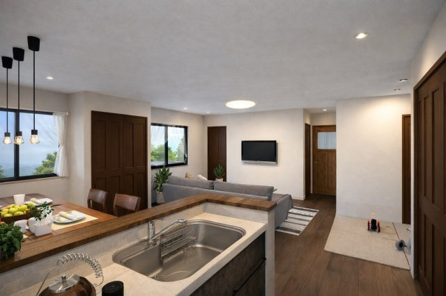 川島玉頭町　新築参考プランの完成予想図|【LDKイメージパース】
キッチンからリビングが見渡せる配置に♪※本パース図はイメージの為、実際の仕上がりとは多少異なる場合がございます。（新築参考プラン102.47㎡、建物価格2018万円）