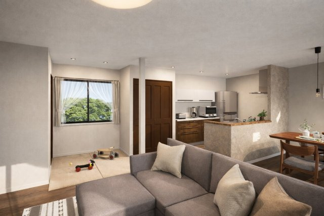 川島玉頭町　新築参考プランの完成予想図|【LDKイメージパース】
タタミコーナーはお子様のプレイスペースにも◎※本パース図はイメージの為、実際の仕上がりとは多少異なる場合がございます。（新築参考プラン102.47㎡、建物価格2018万円）