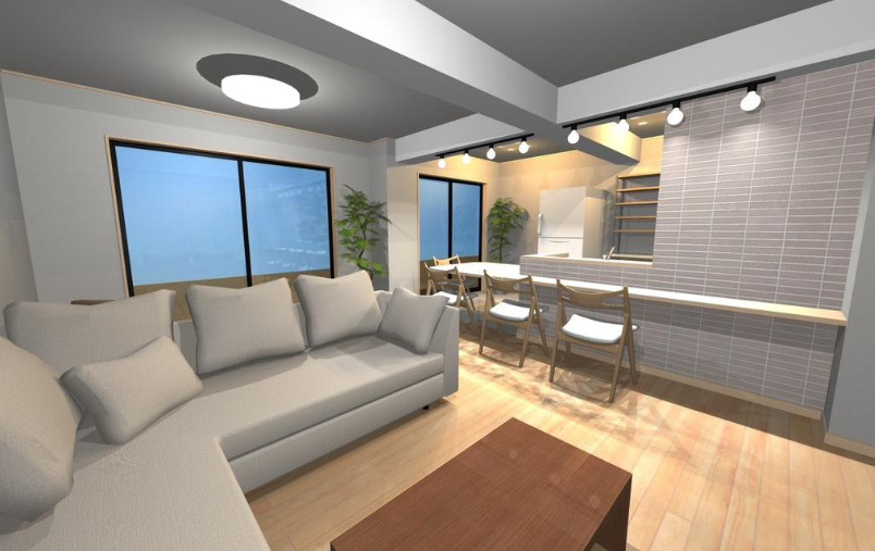 エステヴヴィラ横浜上永谷サウスコリーナの居間・リビング|使いやすい高さのカウンター付きキッチンです。