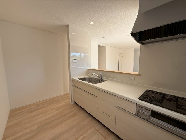 クレイドルガーデン糸満市座波 第２・３号棟のキッチン|キッチン脇に洗面室＆浴室がある、家事動線に優れた水回り集中設計◎