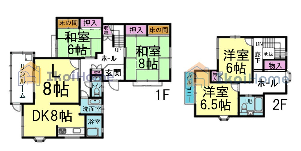 神戸市西区桜が丘西町3丁目」中古戸建の間取り|全室6帖以上の4LDKになります。サンルーム・土間もありますので、広々開放的になっております。