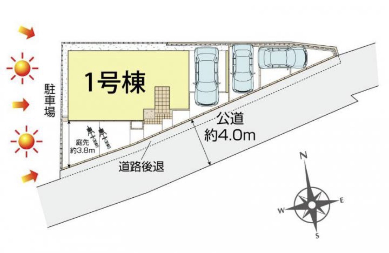 茅ヶ崎市東海岸北4丁目　敷地広々新築戸建ての区画図