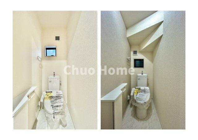 江戸川区江戸川5丁目新築分譲住宅のトイレ|【トイレ】 収納スペースをしっかりと確保した温水洗浄便座機能付きトイレ。温水洗浄便座は清潔にお使いいただくための大切なアイテムです。