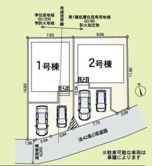 【区画図】 | 藤沢市大鋸 1号棟 第21 | １号棟　南側4M道路　カースペース並列で２台（車種による）　セットバック有り
