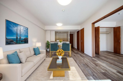 【居間・リビング】 | エルフィーノ横浜市沢の丘 | 現況の物件写真に、AIによる画像処理（CG)がされております。
照明・家具・カーテン・小物類等はCG画像になります。