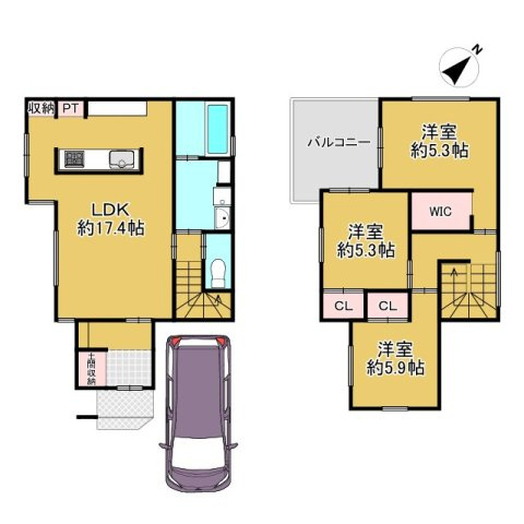 長岡京市長岡1丁目の参考プラン|5号地、3LDK＋WICの参考プランです◎